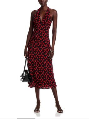 STAUD Lucca Tomato Printed Crepe Halter Midi Dress